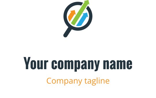 Design de logo moderno com uma lupa e setas coloridas apontando para cima