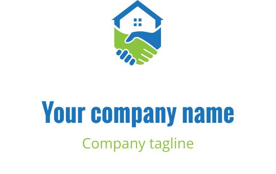 Design de logo moderno com uma casa e um aperto de mão em azul e verde