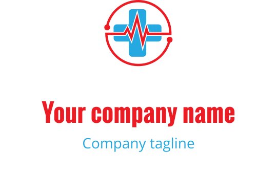 Design de logo moderno com uma cruz médica azul e linha de batimento cardíaco