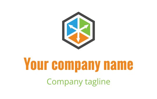 Design de logo hexagonal com setas coloridas e tipografia em negrito