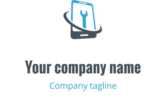 Logo moderno em azul e verde com um smartphone e uma chave inglesa