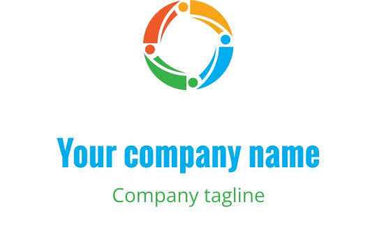 Design de logo circular colorido com figuras interconectadas em laranja, verde e azul