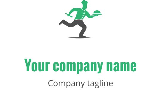 Logo dinâmico com uma figura correndo, segurando uma bandeja e um chapéu