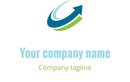 Design de logo dinâmico com elementos de seta azul e espiral verde