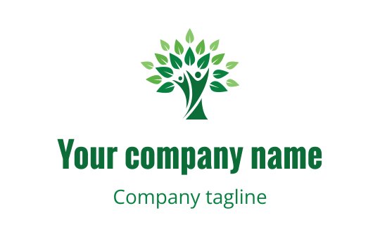 Design de logo moderno de árvore com folhas verdes e figuras humanas