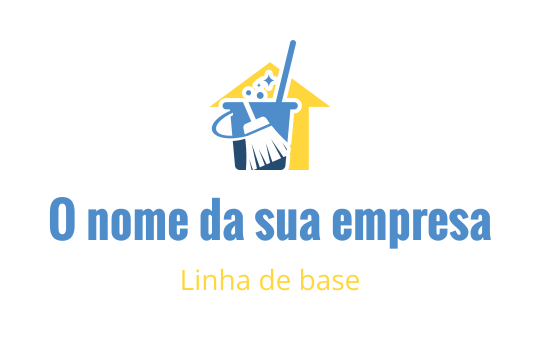 Logo limpo e moderno com uma casa, vassoura e balde