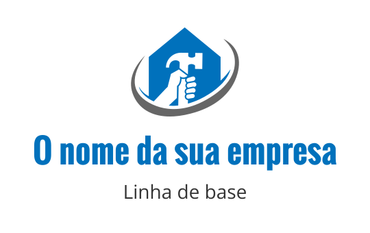 Design de logo moderno com uma mão segurando um martelo dentro de uma forma de casa azul