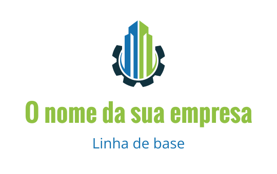 Design de logo moderno com um arranha-céu azul e verde dentro de uma forma de engrenagem