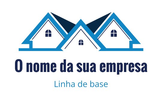 Design de logo moderno com três casas estilizadas azuis com janelas