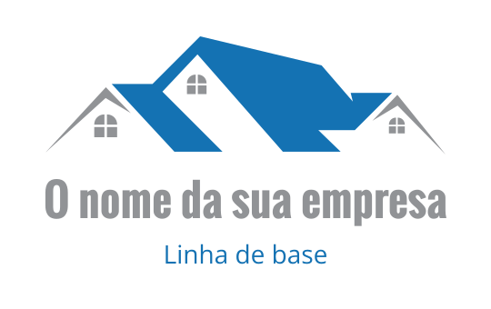 Logo moderno em azul e cinza com telhados e janelas estilizados