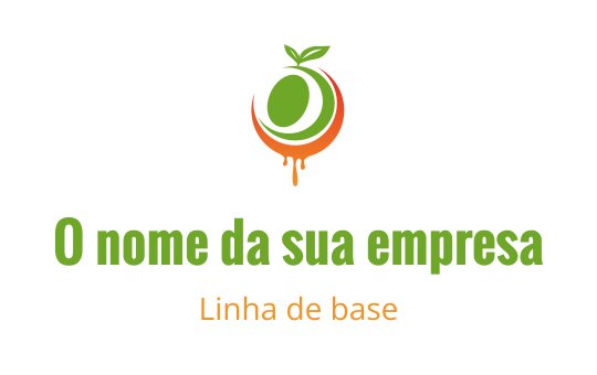 Logo design em verde e laranja com fruta estilizada e folhas