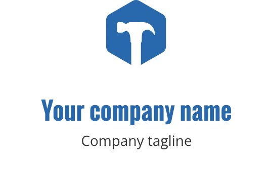 Design de logo moderno de martelo azul dentro de uma forma hexagonal