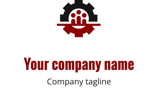 Design de logo moderno com uma engrenagem e três figuras em vermelho e preto