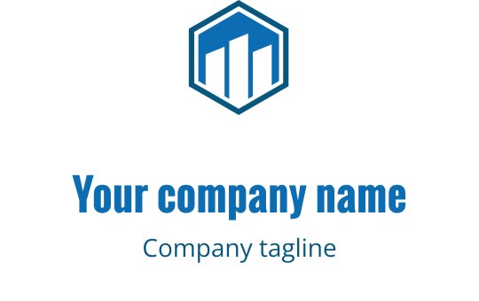 Design de logo hexagonal moderno com formas de edifícios abstratos em azul