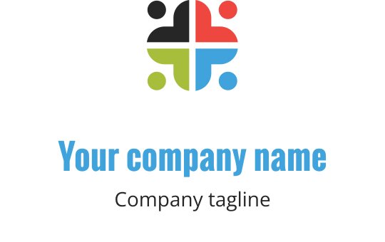 Design de logo colorido com círculos interconectados e uma forma de cruz central