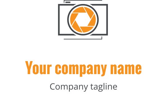 Design de logo moderno com uma lente de câmera cinza e detalhes laranja