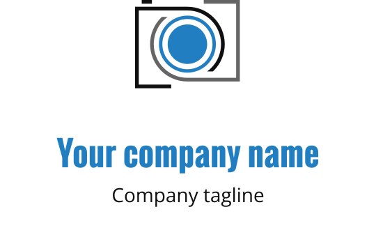 Design de logo moderno com uma lente de câmera azul e cinza, contornada em preto