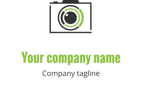 Logo moderno em verde limão com uma lente de câmera estilizada