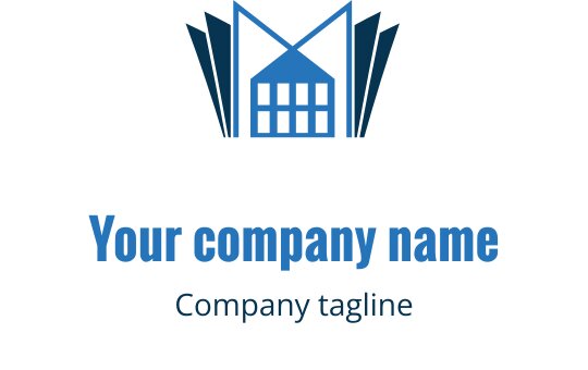 Logo moderno em azul com um edifício estilizado e acentos angulares