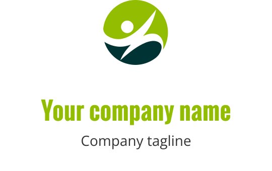 Design de logo dinâmico com uma forma circular verde e uma figura em movimento