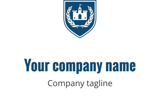 Design de logo em forma de escudo com castelo e folhas de louro em azul