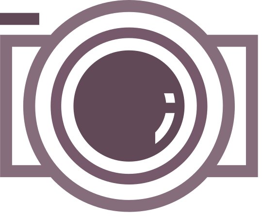 Design de logo criativo em roxo e marrom com uma câmera estilizada