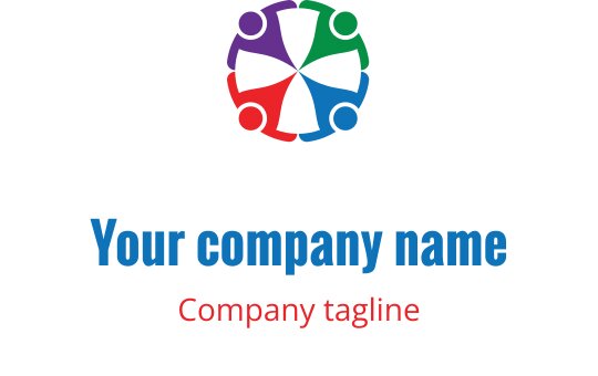 Design de logo colorido com figuras interconectadas em roxo, verde, vermelho e azul-petróleo