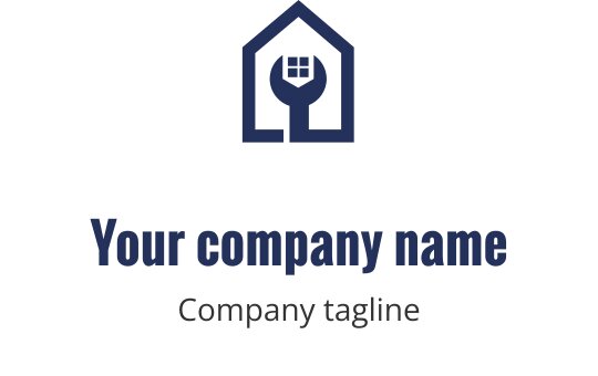 Logo em azul marinho ousado com uma casa estilizada e ferramentas