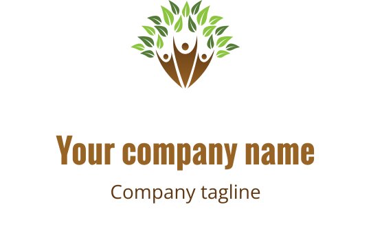 Design de logo moderno com uma árvore, figuras humanas e folhas verdes