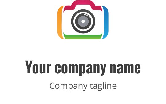Design de logo minimalista de câmera com detalhes em verde e laranja