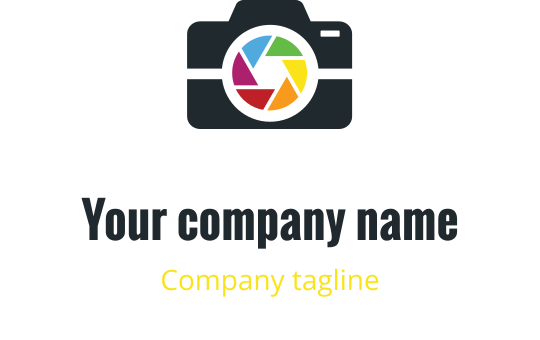 Design de logo minimalista de câmera com elementos em vermelho, roxo, azul e dourado
