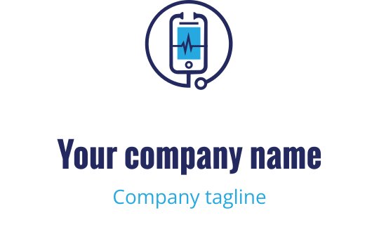 Design de logo moderno com um smartphone e linha de batimento cardíaco em azul