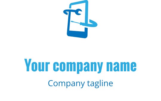 Design de logo moderno em azul com combinação de smartphone e chave inglesa
