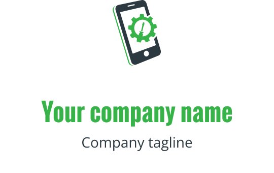Logo moderno em verde e limão com um smartphone e ferramentas de reparo