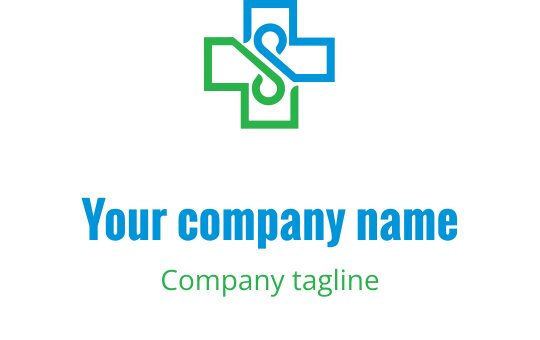 Design de logo moderno com uma cruz verde e azul e elementos entrelaçados