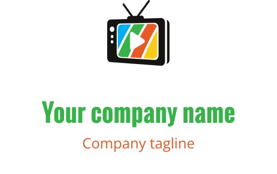 Design de logo de televisão colorido com um botão de play e listras vibrantes