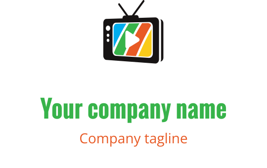 Design de logo de televisão colorido com um botão de play e listras vibrantes
