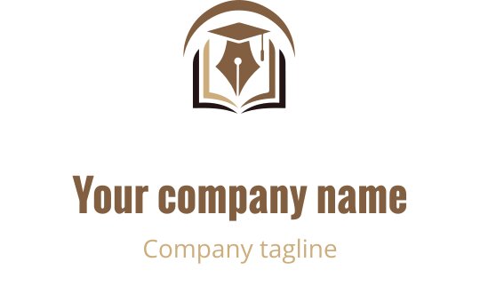 Design de logo elegante com uma pena e um livro aberto em tons de marrom