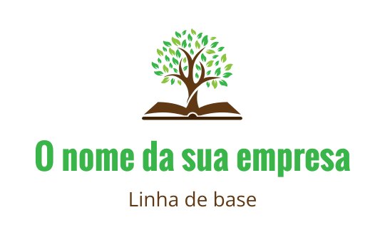 Design de logo de árvore com folhas verdes acima de um livro aberto