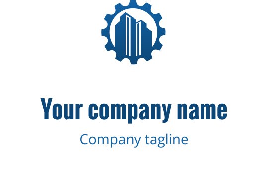 Design de logo moderno com silhueta de engrenagem e edifício em azul