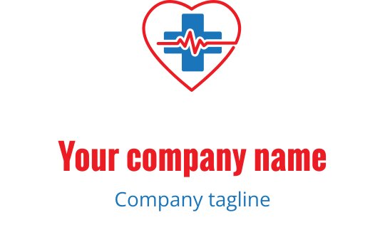Logo de coração e cruz com linha de batimento cardíaco em vermelho e azul