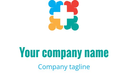 Design de logo colorido com formas sobrepostas e um sinal de mais central