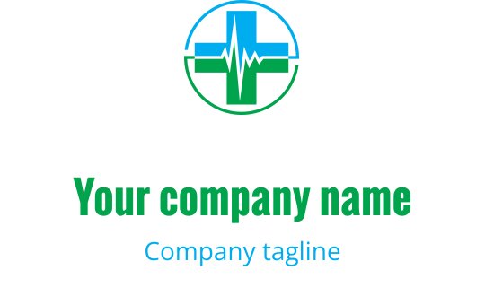 Design de logo circular moderno com uma cruz e linha de batimento cardíaco em verde e azul