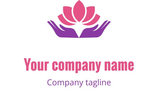 Design de logo elegante com uma flor de lótus rosa acima de duas mãos roxas