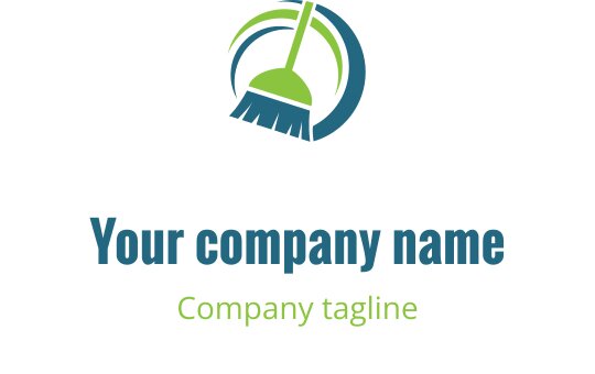 Design de logo moderno com uma vassoura e elementos circulares em verde e azul
