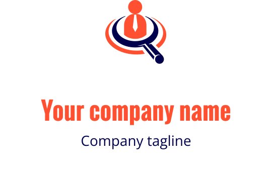 Design de logo profissional com uma lupa e uma figura em terno