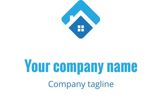 Design de logo moderno em azul e verde-água com silhueta de casa estilizada