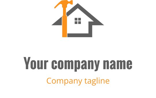 Logo de casa moderna com um martelo e detalhes laranja