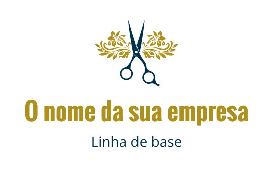 Design de logo elegante com tesouras e folhas decorativas em dourado e verde-água