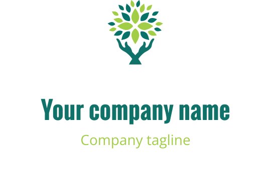 Design de logo moderno com uma árvore, folhas verdes e mãos